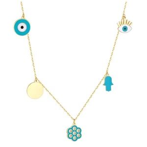 Gold Plated Evil Eye Necklace with Charms – Stainless Steel 18" Adjustable